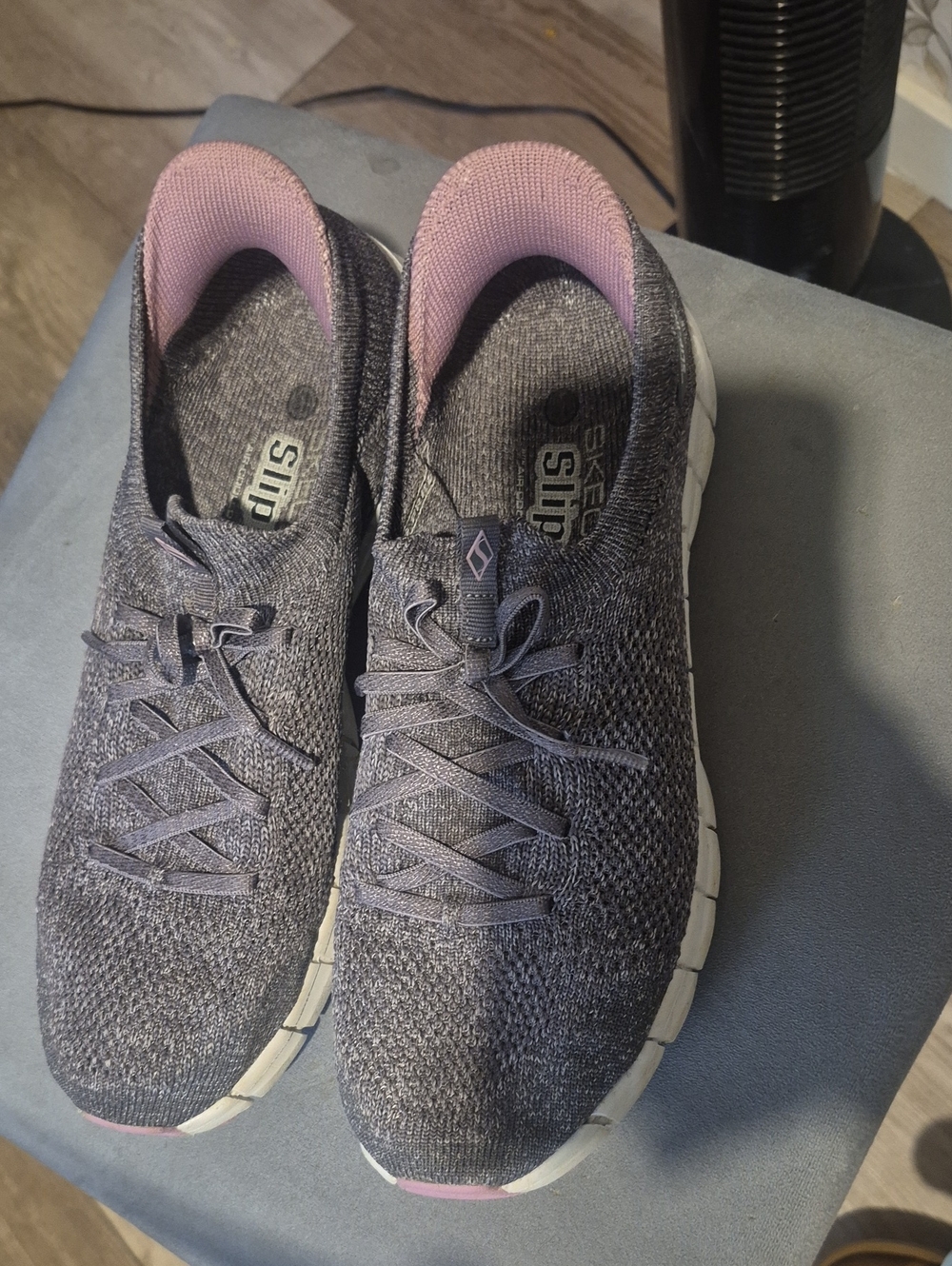 Skechers Women’s Gray Knit Slip-On Athletic Shoes with Pink Lining